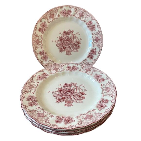 4pc Palate & Plate Victorian RED Rose Floral 10.5" Dinner Plates Scalloped New - Picture 14 of 14